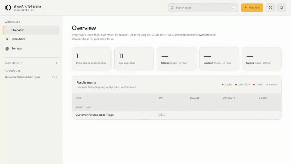 Terminal walkthrough showing how to create a Show and Tell benchmark task